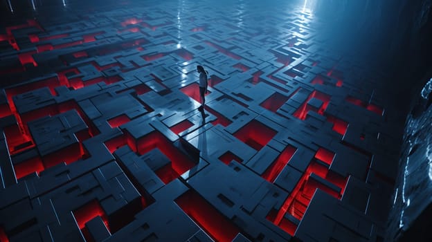 Alien base interior with laser labyrinth in 80s sci-fi action style. Generated AI