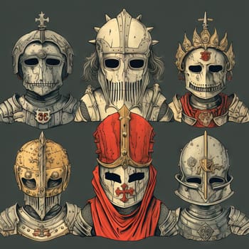 Mystic knight portraits set in metal armor. Occult scary knights in medieval alchemy art style. Generated AI