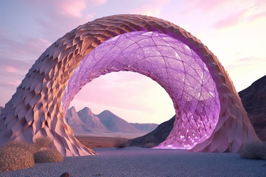 Surreal crystal gate or arc. Fictional architecture or sci-fi object in the desert. Generated AI
