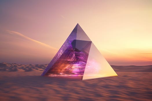 Surreal crystal pyramid or prism. Fictional architecture or sci-fi object in the desert. Generated AI