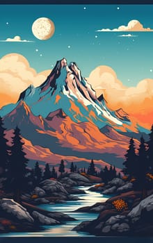 Landscape with mountains and sun in drawing style for outdoor hiking and travel adventure poster. Generated AI