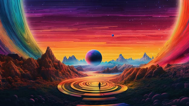 Fantasy landscape of a sci-fi planet with mountains and a road with mystic sphere. Generated AI.