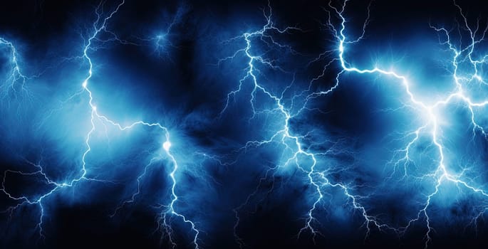 Shiny lightnings composition on the dark background. Abstract energy strike ornament in the thunderstorm. Generated AI