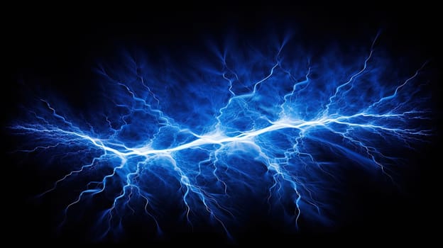 Shiny lightnings composition on the dark background. Abstract energy strike ornament in the thunderstorm. Generated AI