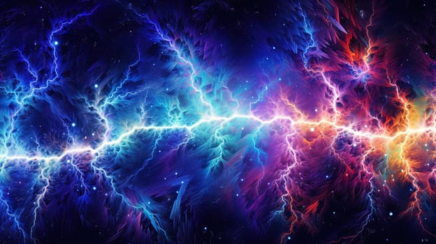 Fractal line of colorful lightning bolts. Abstract energy burst background. Generated AI