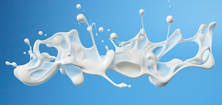 Milk splash or cream wave with drops on blue background, wide illustration. Generated AI