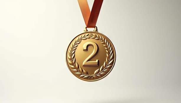 Golden second place medal with laurel wreath detail and ribbon. Generated AI.