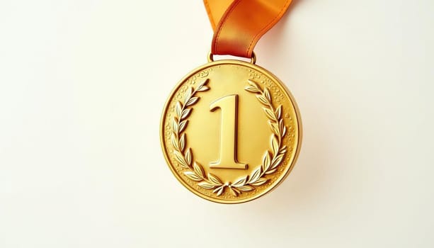 Golden first place medal with laurel wreath detail and ribbon. Generated AI.