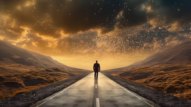 Man walking on the road to horizon. Concept of open way for business. Generated AI