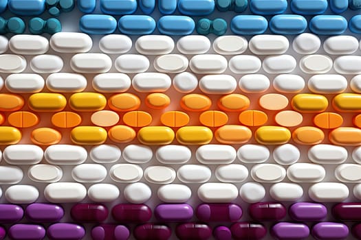 Background with pills and capsules ordered in rows or pattern. Medical drug or dietary supplement concept. Generated AI