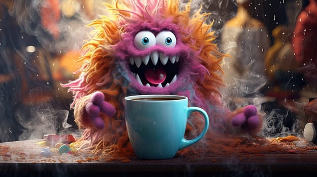 Coffee monster with crazy eyes. Cute character with caffeine energy, very excited. Generated AI