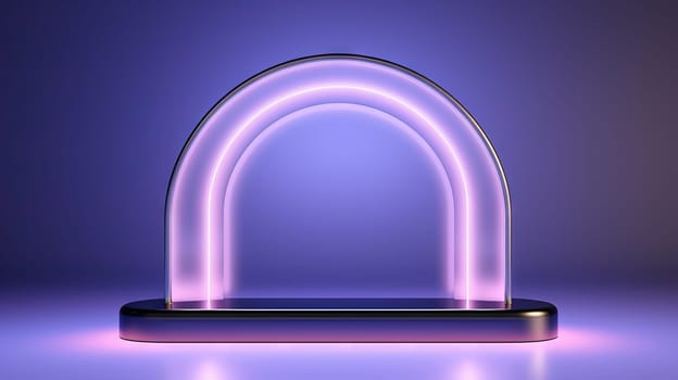 Neon arc in blue and purple lights room. Abstract background for product display. Generated AI