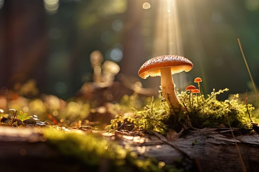 Beautiful mushroom on the sunny bump. Fairytale background with mystic mushroom. Generated AI