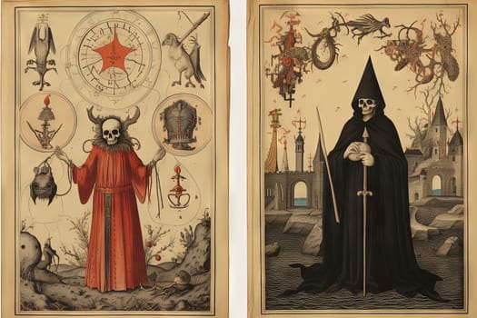 Medieval styled occult art card with skeleton monster. Ancient middle age old book illustration with mystic religious scene. Generated AI
