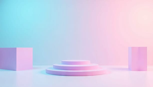 Minimalist pastel podium with soft pink and blue lighting, holographic empty showcase platform for product display. Generated AI.