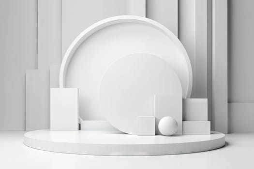 Pedestal in the room in white color with geometric shapes. Podium for product showcase with geometric decoration. Generated AI