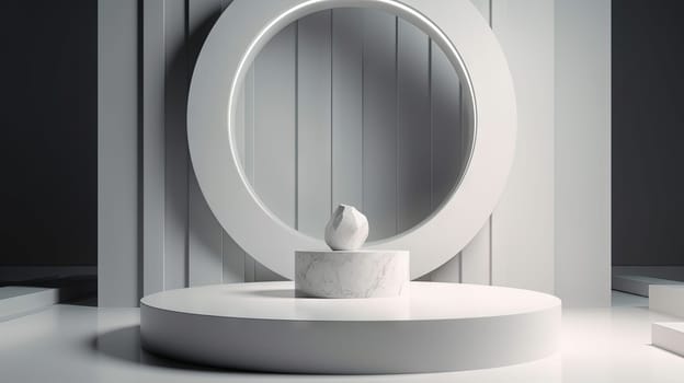 Abstract ancient pedestal in minimalistic room. Interior with sone podium. Generated AI