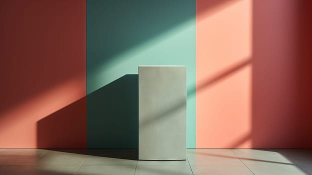 Pedestal in colorful room with shadows on the wall. Rich colored podium scene for product display. Generated AI