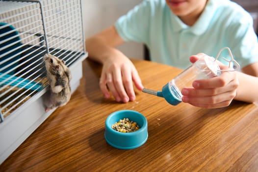 A child refills a water bottle and interacts with their pet hamster, providing food and care.