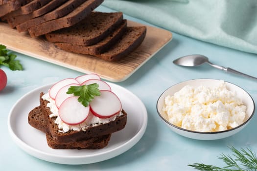 Delicious rye bread topped with fresh radishes and cheese on a cozy kitchen table.