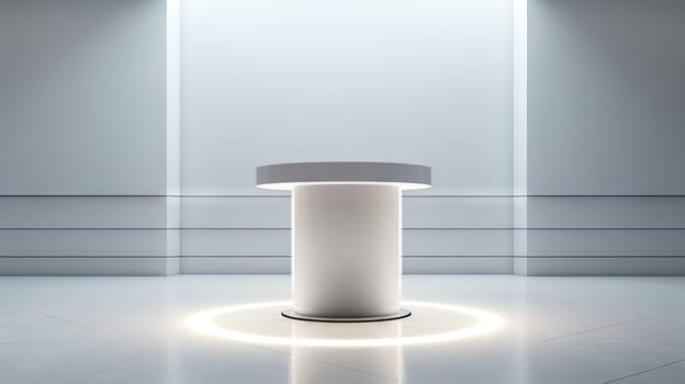 Futuristic pedestal with neon glow. Product presentation mock up for cosmetic product display. Podium, stage, pedestal or platform. Generated AI
