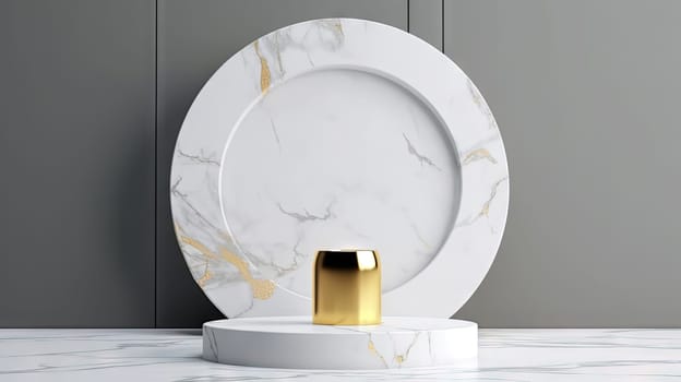 White marble pedestal with gold in the studio room, mockup stand for presentation. Generated AI