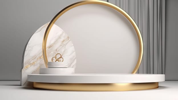 White marble pedestal with gold in the studio room, mockup stand for presentation. Generated AI