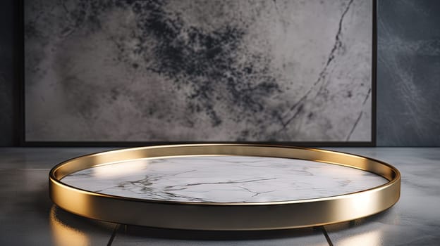 White marble pedestal with gold in the studio room, mockup stand for presentation. Generated AI