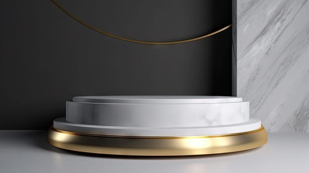 White marble pedestal with gold in the studio room, mockup stand for presentation. Generated AI