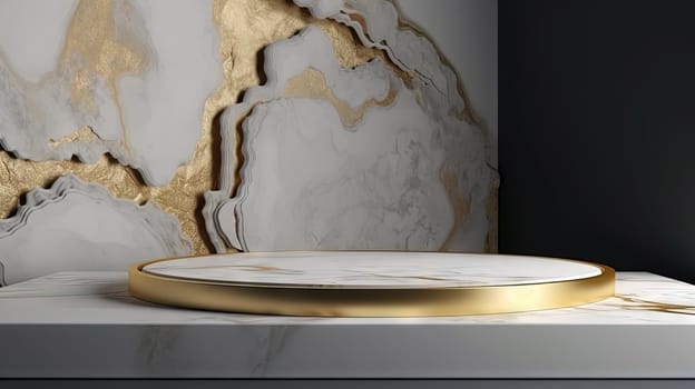 White marble pedestal with gold in the studio room, mockup stand for presentation. Generated AI