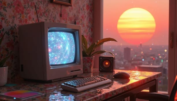 Retro computer scene with old CRT monitor, sunset view through the window, and vintage feeling. Generated AI.