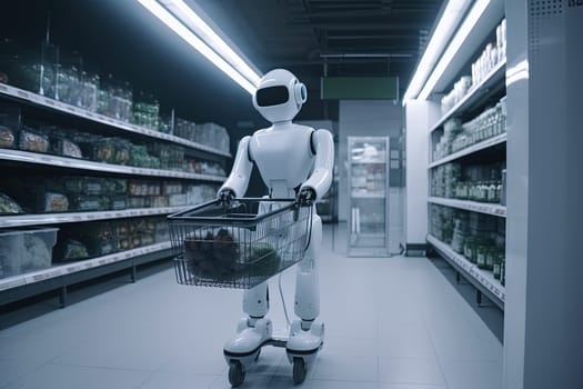 Robot picking fresh fruits and vegetables in a modern supermarket, showcasing future retail and delivery technology. Generated AI