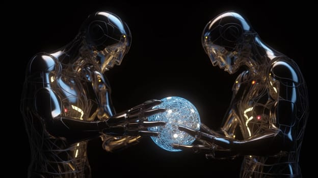 Couple of robots in romantic conversation. AI technology and innovation in a futuristic virtual environment. Generated AI