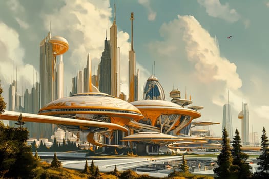 Retrofuturistic landscape in mid-century sci-fi style. Retro science fiction scene with futuristic city buildings. Generated AI