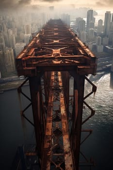 Rusty industrial constructions over decayed city. Post-apocalyptic sci-fi landscape with city ruins. Generated AI