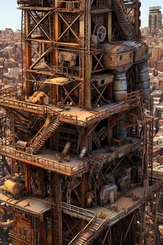 Rusty industrial constructions over decayed city. Post-apocalyptic sci-fi landscape with city ruins. Generated AI