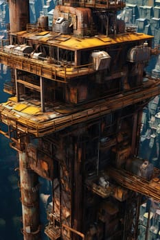 Rusty industrial constructions over decayed city. Post-apocalyptic sci-fi landscape with city ruins. Generated AI