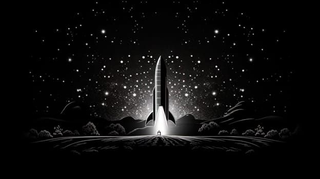 Rocket launch scene in retro black and white style. Rocket take off illustration. Generated AI