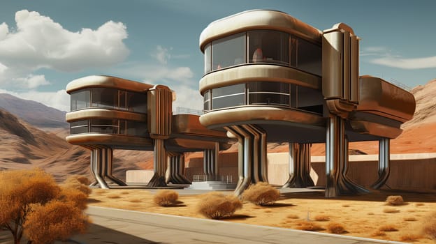 Retro futuristic architecture in sci-fi scene on the desert planet. Alien landscape with nostalgic retro future constructions. Generated AI