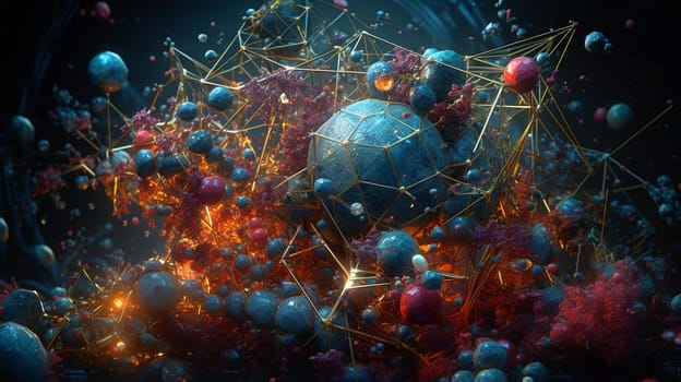Abstract scientific concept with connected cells and particles. Science microscopic background. Generated AI