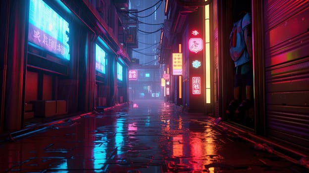 Cyberpunk street with glowing neon ads in sci-fi city. Futuristic cyberpunk street in the neighborhood. Generated AI.