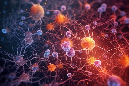Science and medicine abstraction with neurons transmitting synapse signal. Neural system with impulse going through nerve cells. Generated AI
