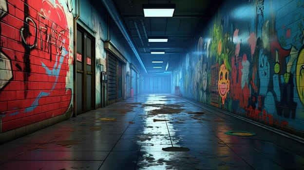 Cyberpunk street with glowing neon ads in sci-fi city. Futuristic cyberpunk street in the neighborhood. Generated AI.