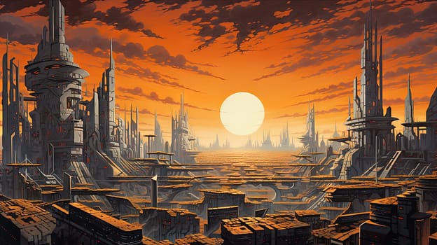 Futuristic cityscape scene with tall buildings and a long, empty street. Abstract sci-fi background. Generated AI.