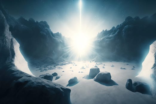 Alien sci-fi landscape with mountains on the sunrise. Science fiction scene of a distant planet. Generated AI