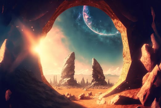 Alien sci-fi landscape with mountains on the sunrise. Science fiction scene of a distant planet. Generated AI