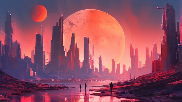 Space landscape on alien planet with mountains and sun in the style of 80s sci-fi book art. Generated AI