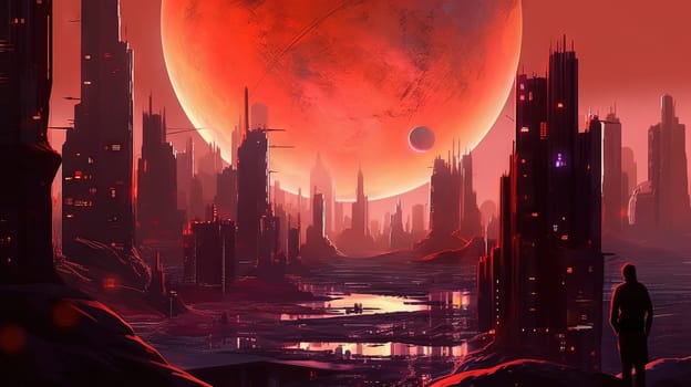 Space landscape on alien planet with mountains and sun in the style of 80s sci-fi book art. Generated AI