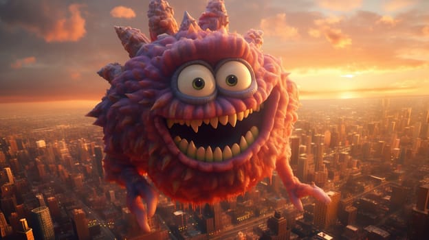 Giant funny and cute monster over the city. Spooky fairytale concept with excited creature. Generated AI