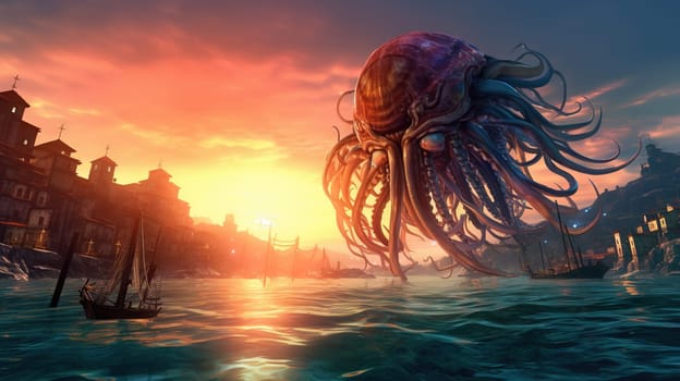 Giant monster from the sea attacking the city on the coast. Scary fairytale concept with Kraken. Generated AI